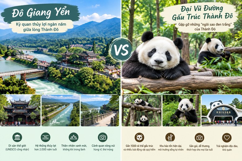 Trung tâm gấu trúc Đô Giang Yển và Thành Đô khác gì nhau?