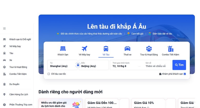 Màn hình app Trip.com đặt vé tàu cao tốc tại Trung Quốc bằng tiếng Việt