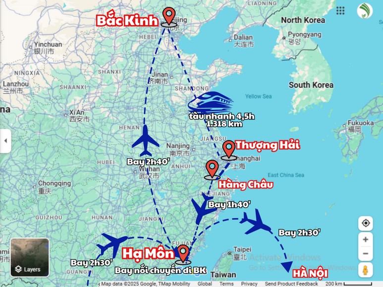 Bản đồ tuyến đường tour Bắc Kinh Thượng Hải từ Hà Nội