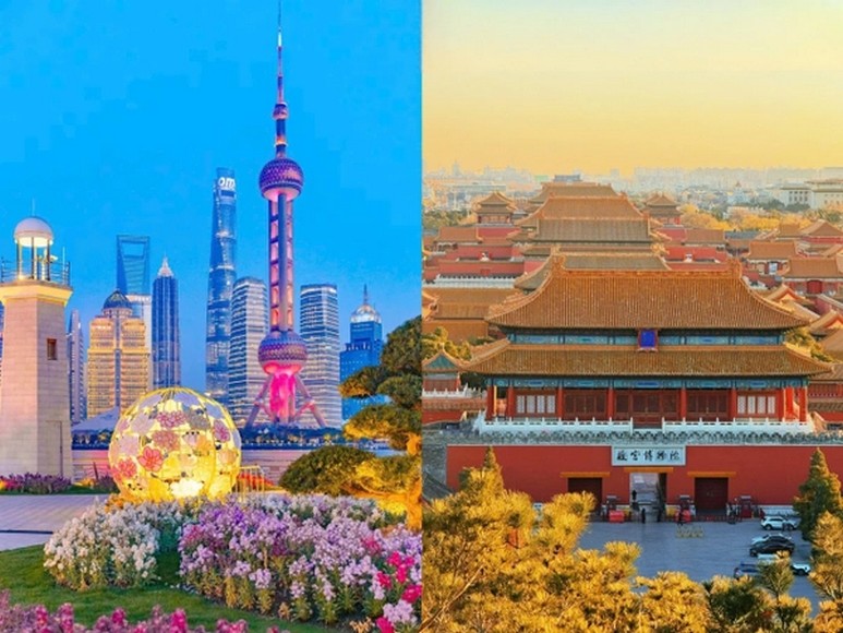 Hai hình ảnh đối lập Cố Cung Bắc Kinh và skyline Thượng Hải ghép cạnh nhau