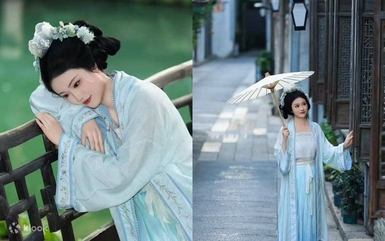 Khách nữ mặc Hán phục chụp ảnh bên kênh nước cổ trấn