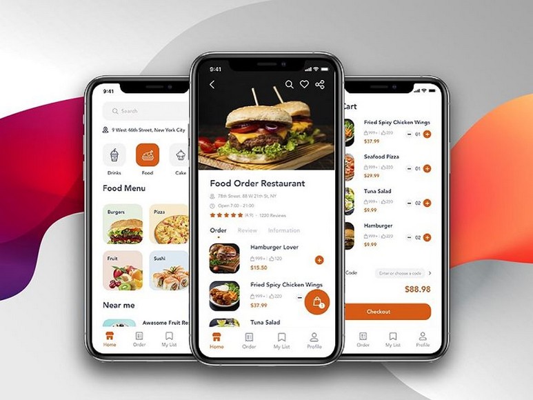 Màn hình điện thoại hiển thị app gọi đồ ăn với danh sách món có ảnh