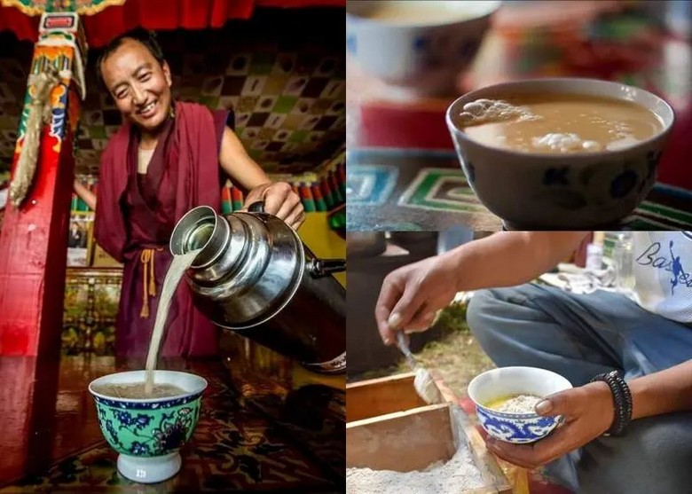 Trà bơ yak và tsampa mời khách trong nhà người Tạng