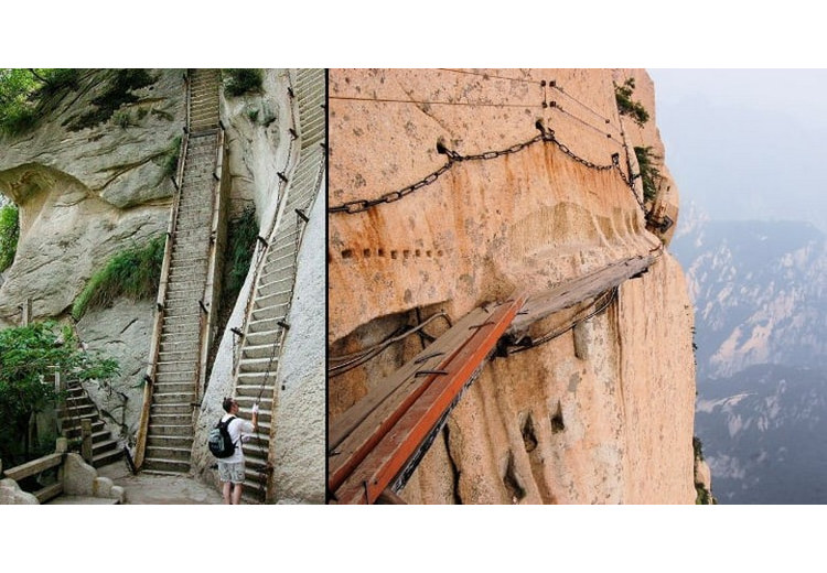 Bậc thang đá dựng đứng trên đường lên đỉnh Hoa Sơn