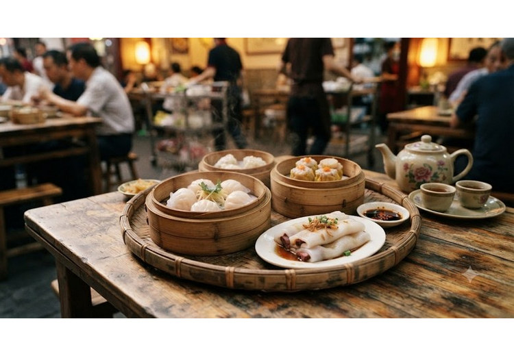 Bàn điểm tâm sáng kiểu Quảng Châu với há cảo, xíu mại và bánh cuốn
