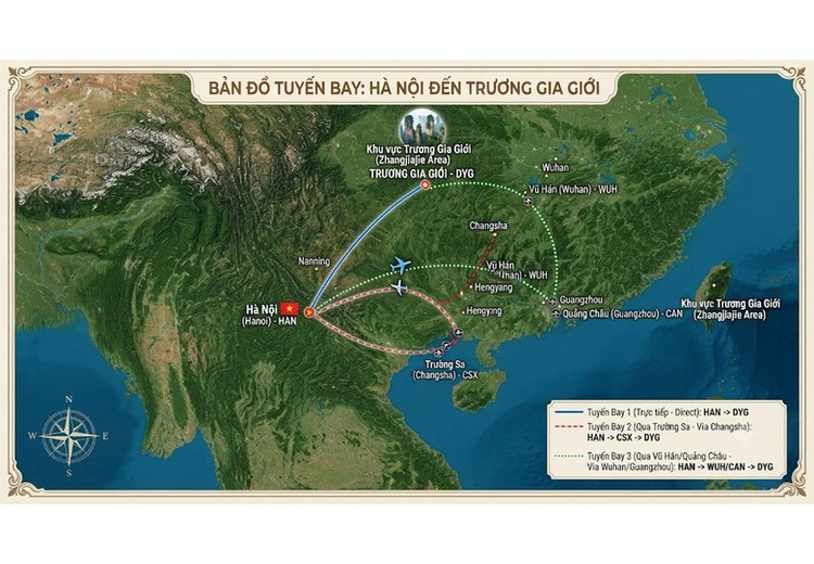 Bản đồ ba tuyến bay từ Hà Nội đến khu vực Trương Gia Giới