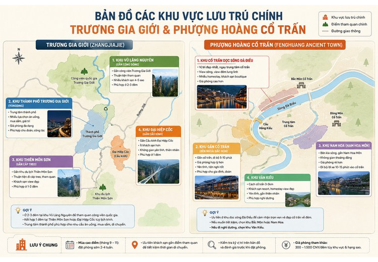 Bản đồ các khu vực lưu trú chính ở Trương Gia Giới và Phượng Hoàng Cổ Trấn