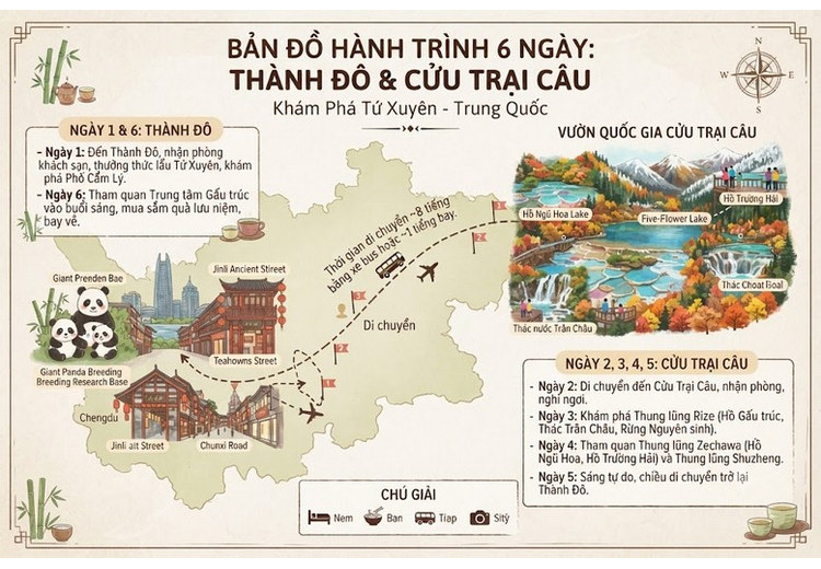Bản đồ hành trình 6 ngày qua Thành Đô và Cửu Trại Câu