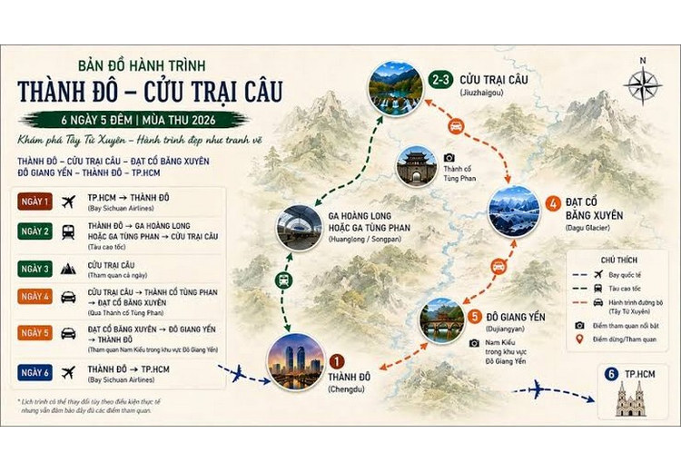 Bản đồ hành trình Thành Đô đến Cửu Trại Câu với các điểm dừng ăn uống