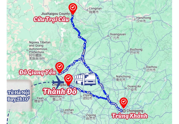 Bản đồ hành trình từ Hà Nội qua Thành Đô đến Cửu Trại Câu