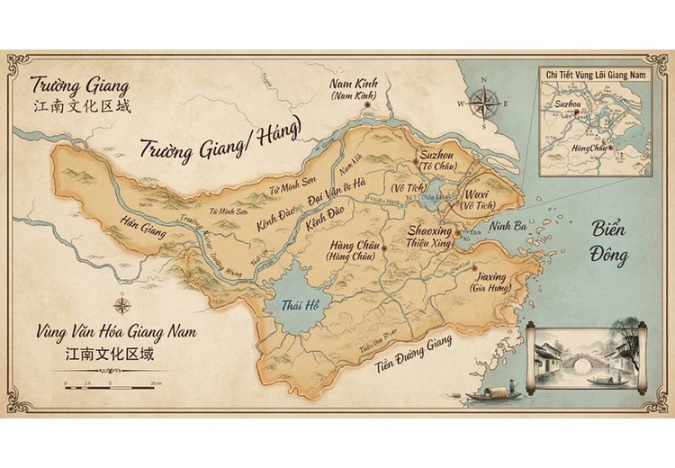 Bản đồ minh họa vị trí vùng văn hóa Giang Nam ở hạ lưu Trường Giang