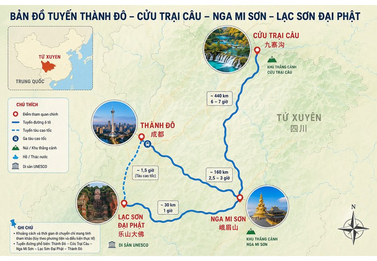 Bản đồ tuyến Thành Đô, Cửu Trại Câu, Nga Mi Sơn, Lạc Sơn Đại Phật
