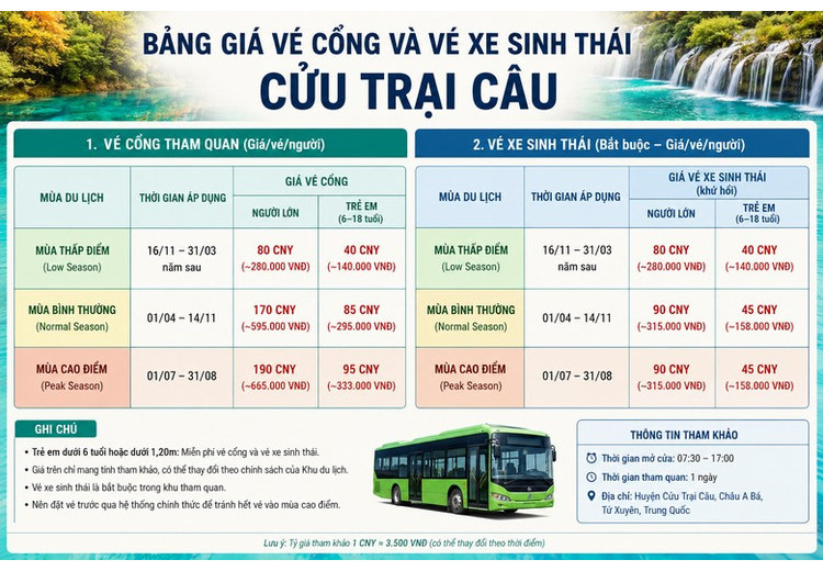 Bảng giá vé cổng và vé xe sinh thái Cửu Trại Câu theo mùa