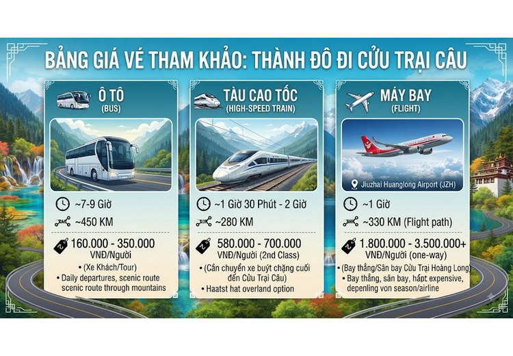 Bảng giá vé tham khảo ba phương tiện từ Thành Đô đi Cửu Trại Câu