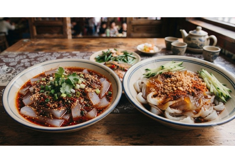 Bát mì thạch liangfen trong veo trộn dầu ớt bên cạnh bát mì nước ngọt tianshui mian