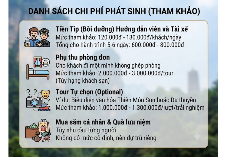 Danh sách chi phí phát sinh khi đi tour Trương Gia Giới – Phượng Hoàng