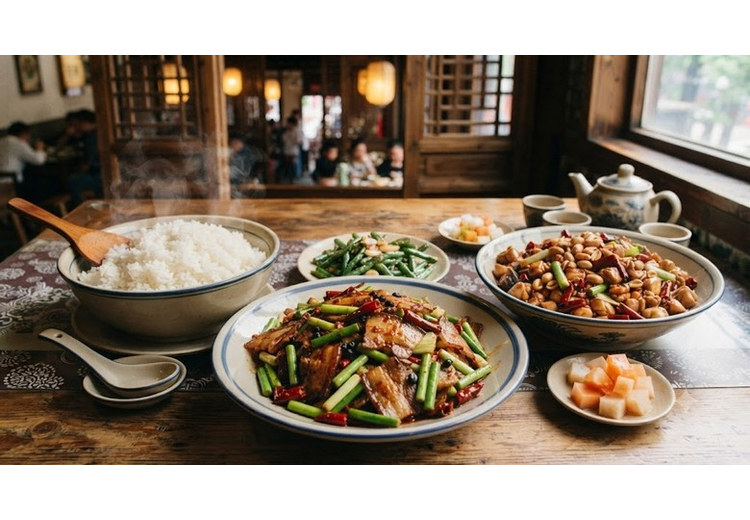 Đĩa thịt heo nấu hai lần và gà Cung Bảo bày cùng cơm trắng