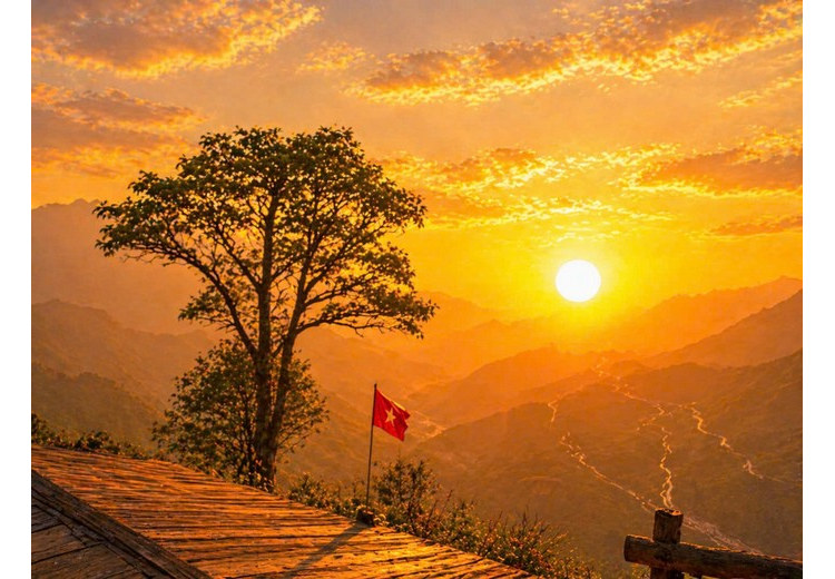 Du khách ngắm cảnh núi từ đỉnh Tây Phong lúc hoàng hôn