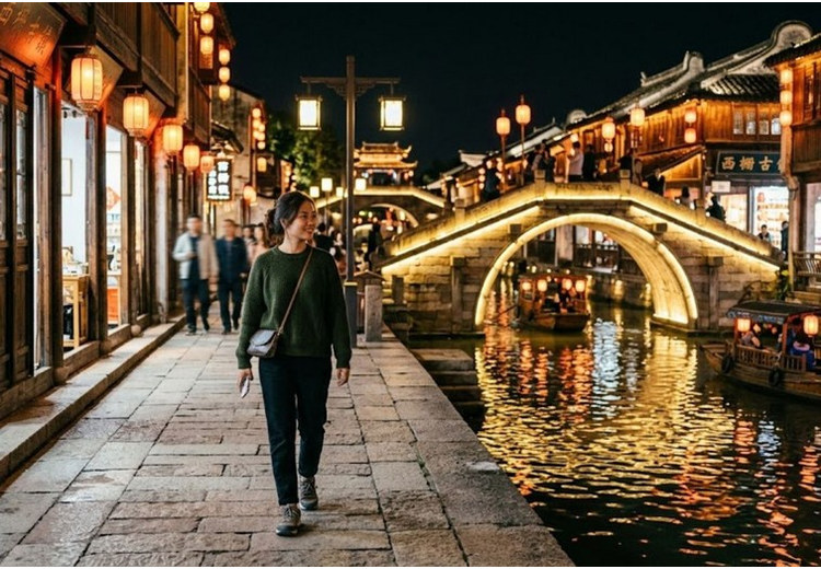 Gia đình dạo phố cổ Ô Trấn buổi tối