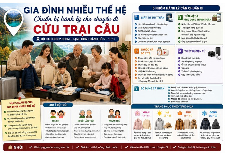 Gia đình nhiều thế hệ chuẩn bị hành lý cho chuyến đi Cửu Trại Câu