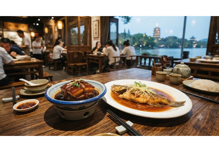 Hai món thịt kho Đông Pha và cá Tây Hồ thố ngư bày cùng bàn tại một nhà hàng ở Hàng Châu