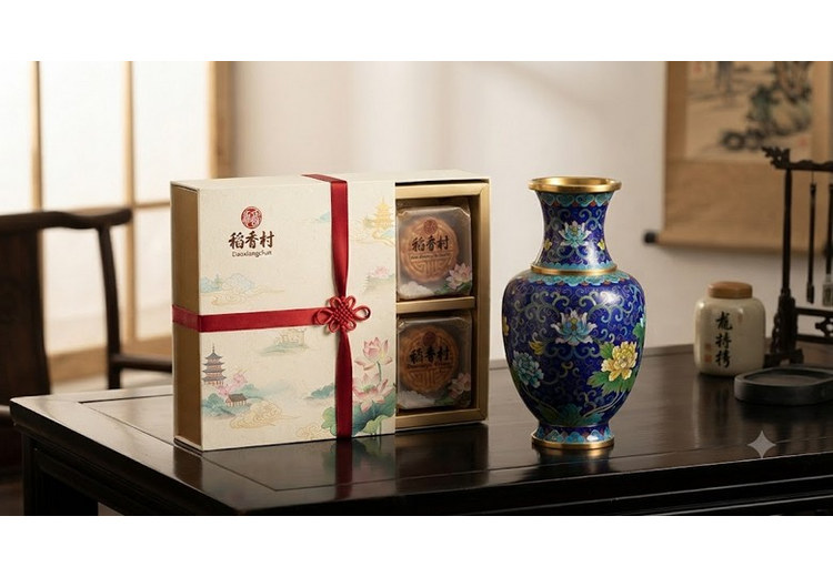 Hộp quà bánh Đạo Hương Thôn cùng một món đồ pháp lam màu xanh đặc trưng