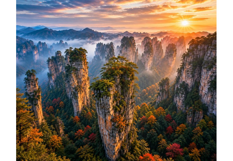 Lá đỏ lá cam xen giữa rừng cột đá tại Thiên Tử Sơn vào tháng 11