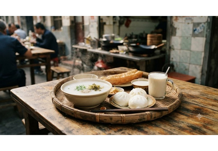Mâm ăn sáng kiểu Trung Quốc với quẩy chiên, sữa đậu nành, bánh bao và cháo trắng