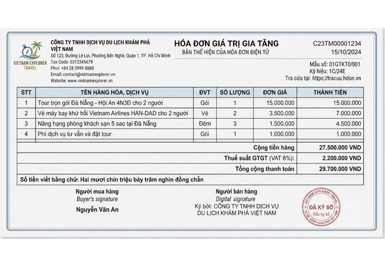 Mẫu hóa đơn điện tử dịch vụ du lịch