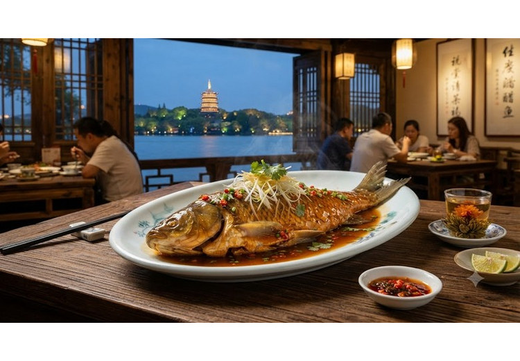 Món Tây Hồ thố ngư bày trên đĩa tại một nhà hàng ven Tây Hồ