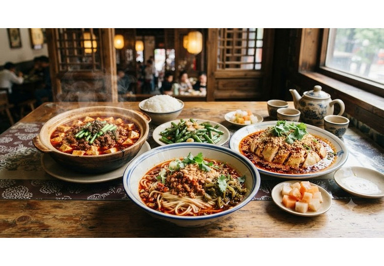 Một bàn ăn Thành Đô bày mì đản đản, đậu phụ Tứ Xuyên và gà khẩu thủy