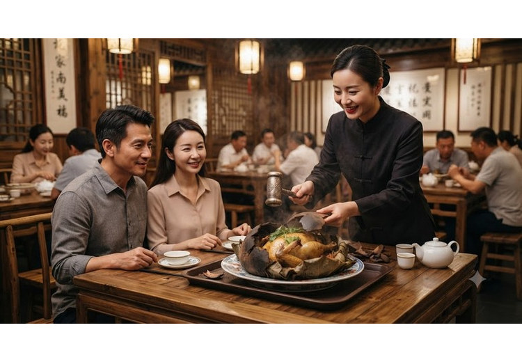 Nhân viên nhà hàng đập lớp đất bọc ngoài món khiếu hóa kê ngay trước mặt khách