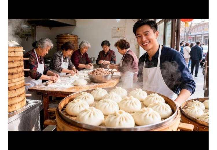 Quán ăn sáng buổi sớm đông khách địa phương xếp hàng mua bánh bao
