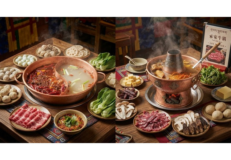 So sánh nguyên liệu nhúng lẩu uyên ương và lẩu dưỡng sinh kiểu Tạng bày trên cùng một bàn