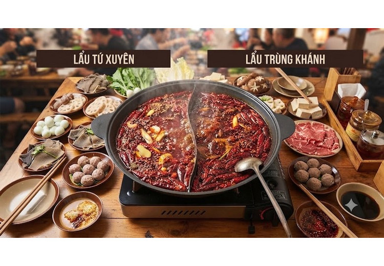So sánh nồi lẩu Tứ Xuyên và lẩu Trùng Khánh với hai màu nước dùng khác nhau