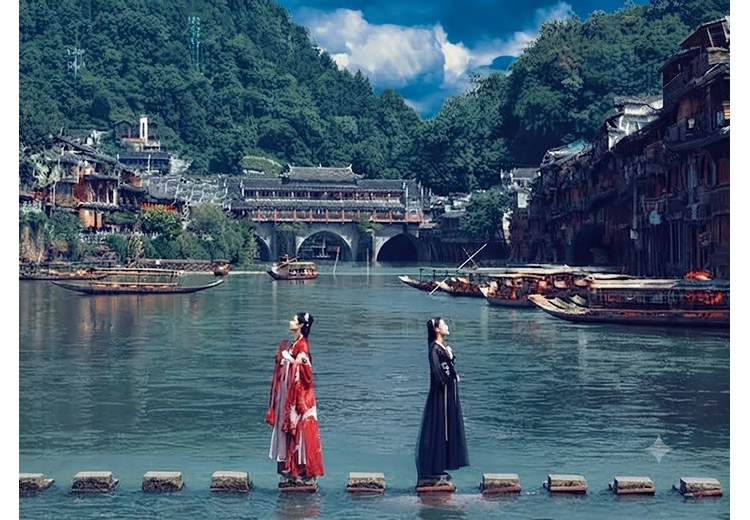 Trang phục cổ trang chụp trên Cầu Đá Nhảy giữa dòng Đà Giang